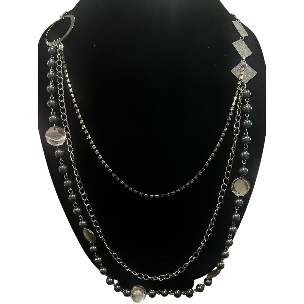LBVYR Vtg Y2K Multi Strand Layered Necklace Silver Tone Faux Pearl 40 Inch Chic